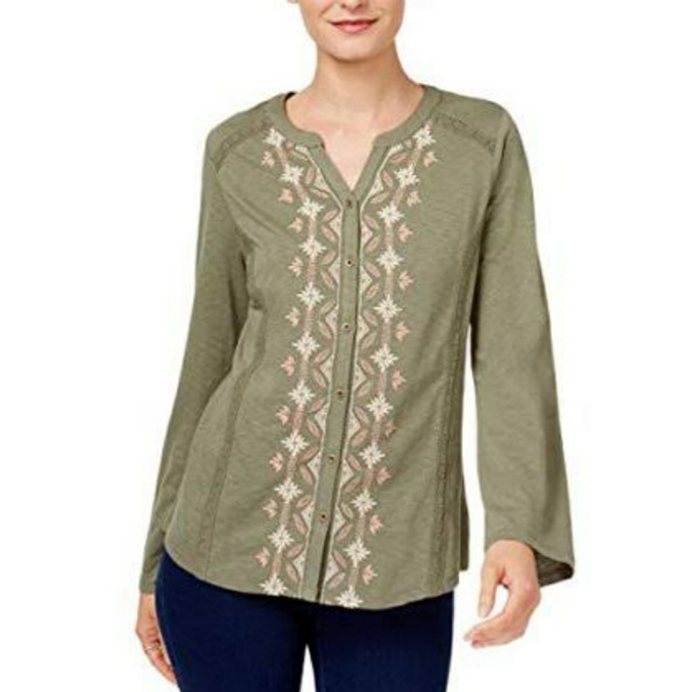 Style & Co Top Green Button Down Floral V-Neck